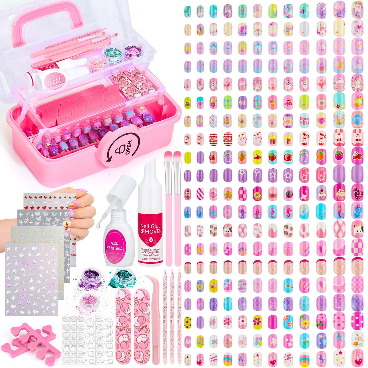 Pink Kids Press-On Nails and Nail Art Kit with Glue, Remover and Case