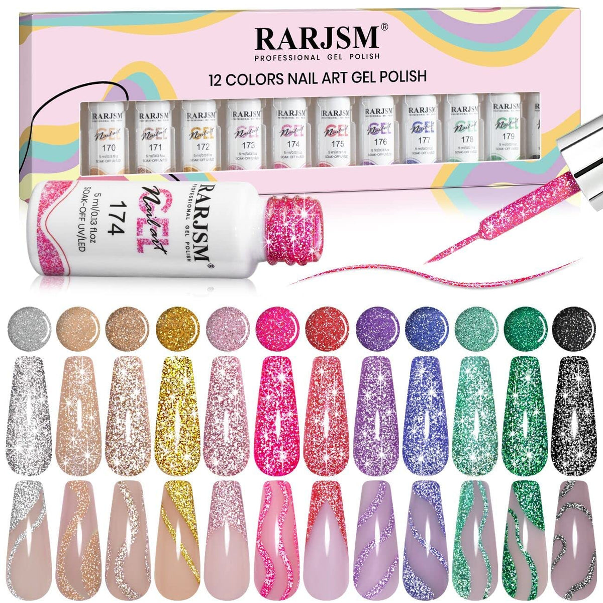 RARJSM Reflective Glitter Nail Art Gel Liner, 12 Colors, 5ml