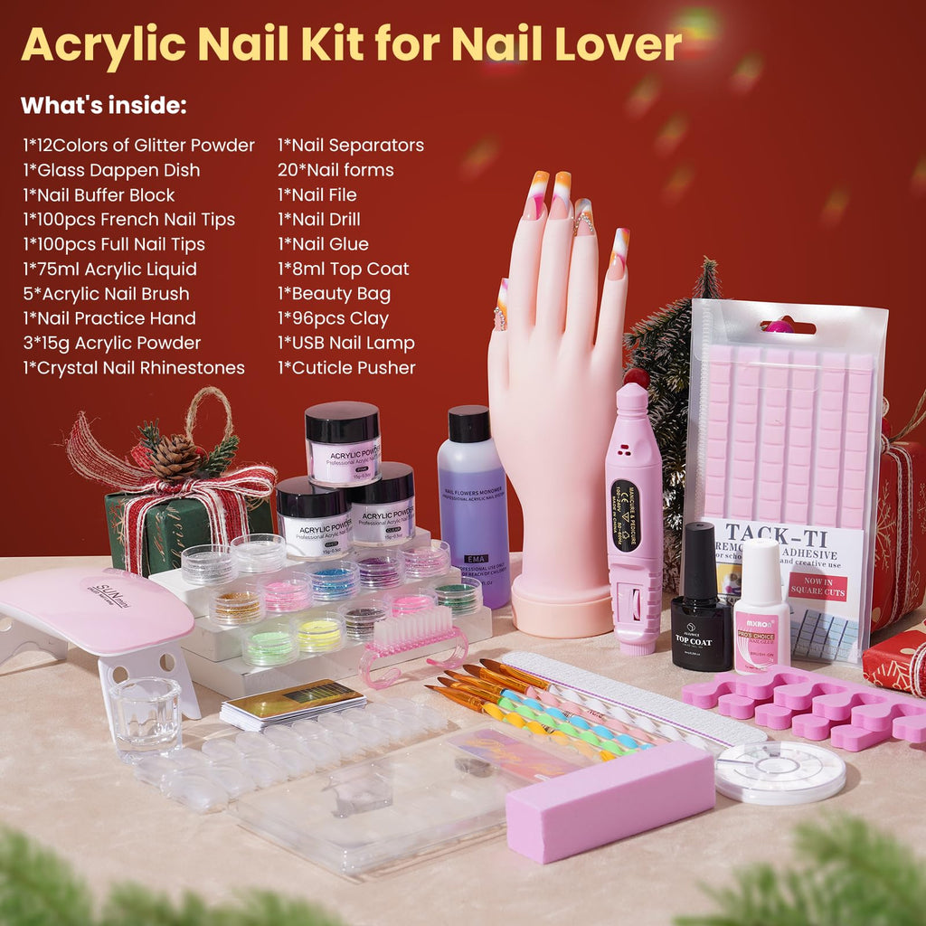 Nail Kit for Beginners with Acrylic Powder, Drill, Practice Hand and UV LED Lamp