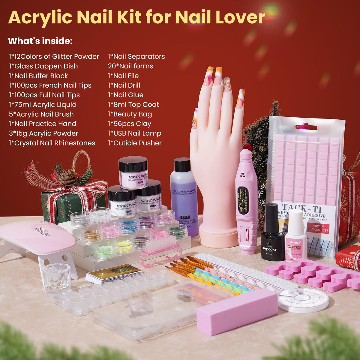 Nail Kit for Beginners with Acrylic Powder, Drill, Practice Hand and UV LED Lamp