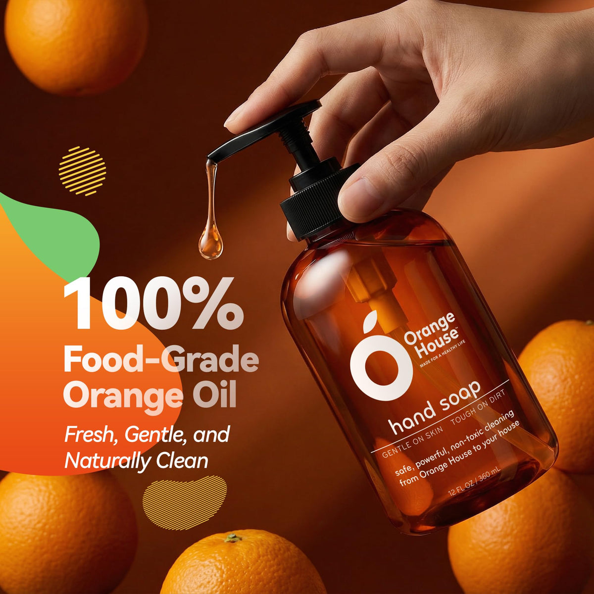 ORANGE HOUSE Hand Soap, 12 Fl Oz, Cold-Pressed Orange Oil, Moisturizing Citrus Formula