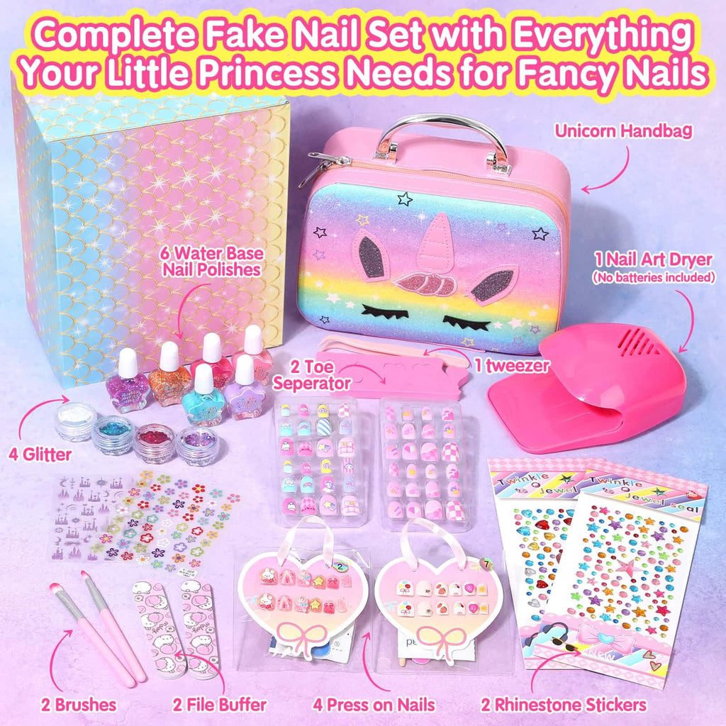 Rainbow Unicorn Kids Nail Polish and Press-On Nails Art Kit