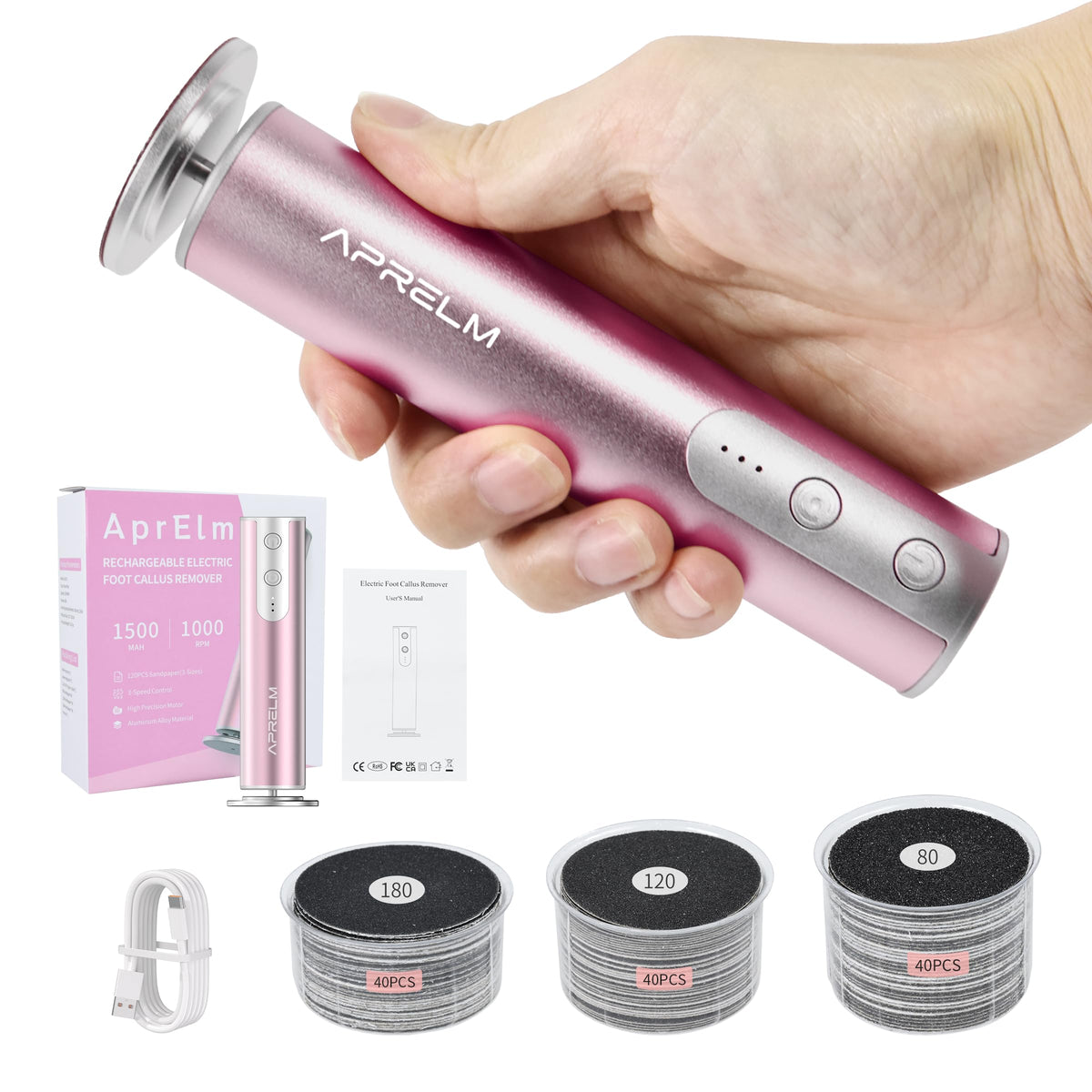 APRELM Rechargeable Electric Foot Callus Remover with 3-Grit Sandpaper Discs