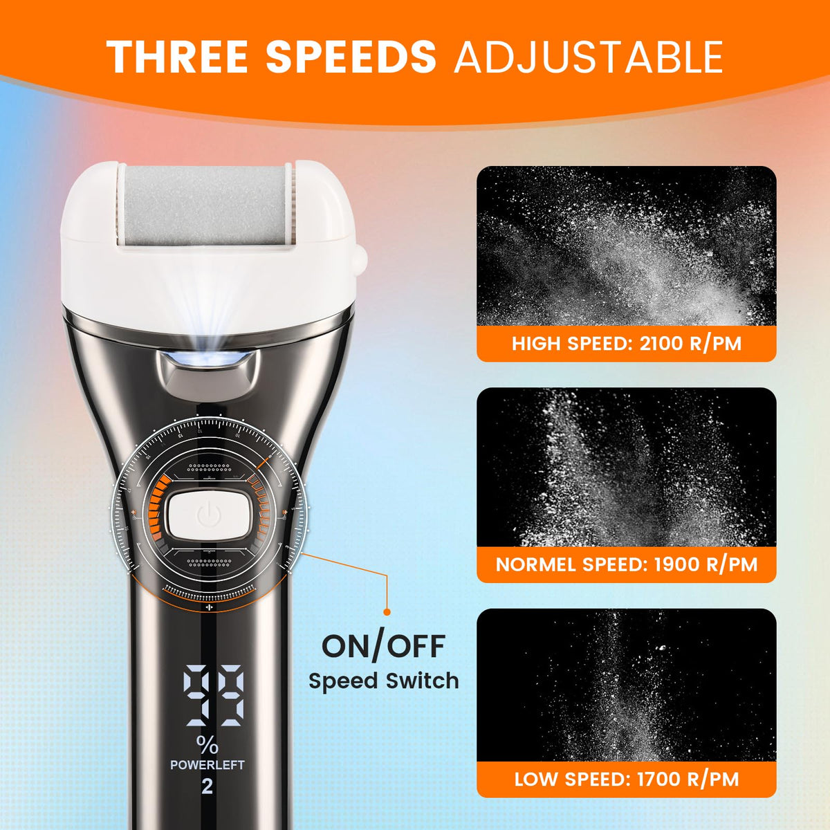 Electric Foot Callus Remover, Rechargeable Pedicure File, 3 Roller Heads, 3 Speeds