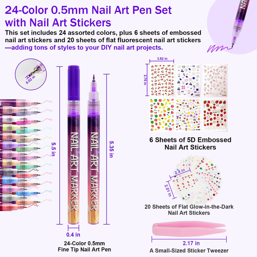 24-Color 0.5mm Fine Tip Nail Art Pen and Sticker Set
