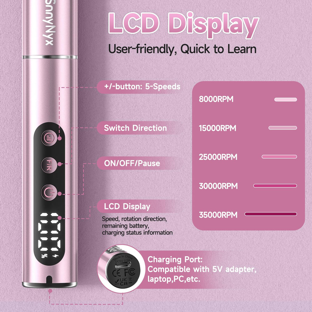 Cordless Electric Nail Drill 35000 RPM with LCD Display