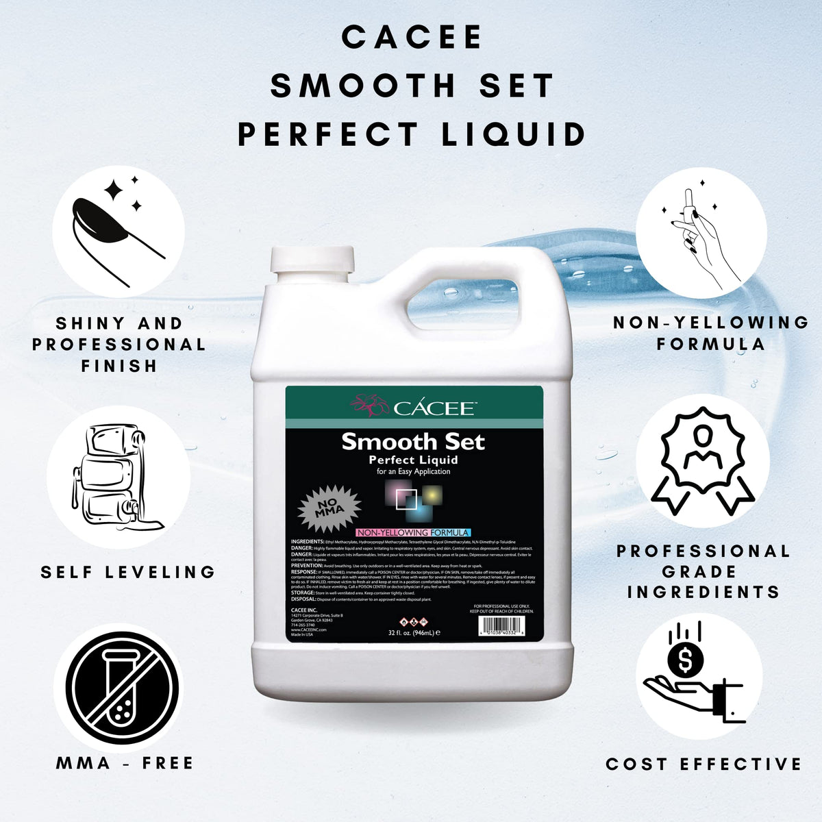 Caccee Smooth Set Acrylic Liquid Monomer 32 Fl Oz, Non-Yellowing Low-Odor
