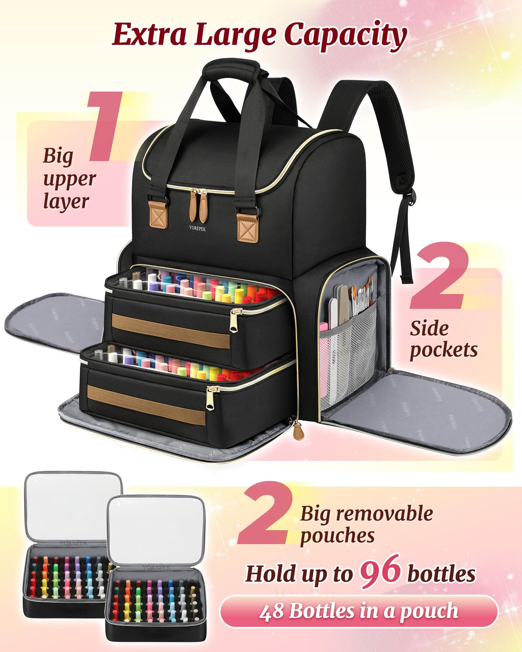 YOREPEK Large Nail Polish Organizer Backpack with Removable Pouches