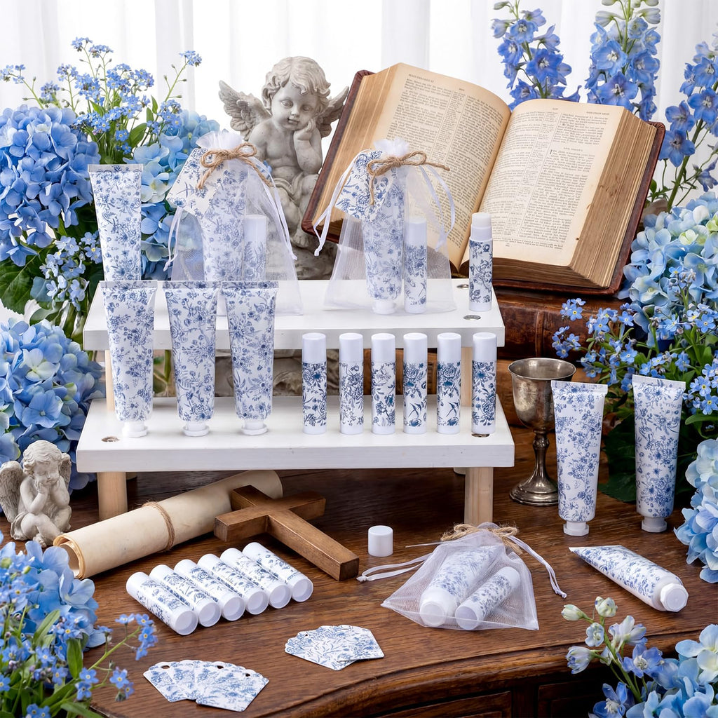 Loopeer Blue Floral Hand Cream and Lip Balm Gift Set, Travel Size Wedding Favors