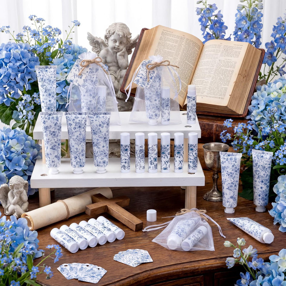 Loopeer Blue Floral Hand Cream and Lip Balm Gift Set, Travel Size Wedding Favors