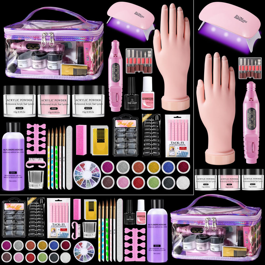 Nail Kit for Beginners with Acrylic Powder, Drill, Practice Hand and UV LED Lamp