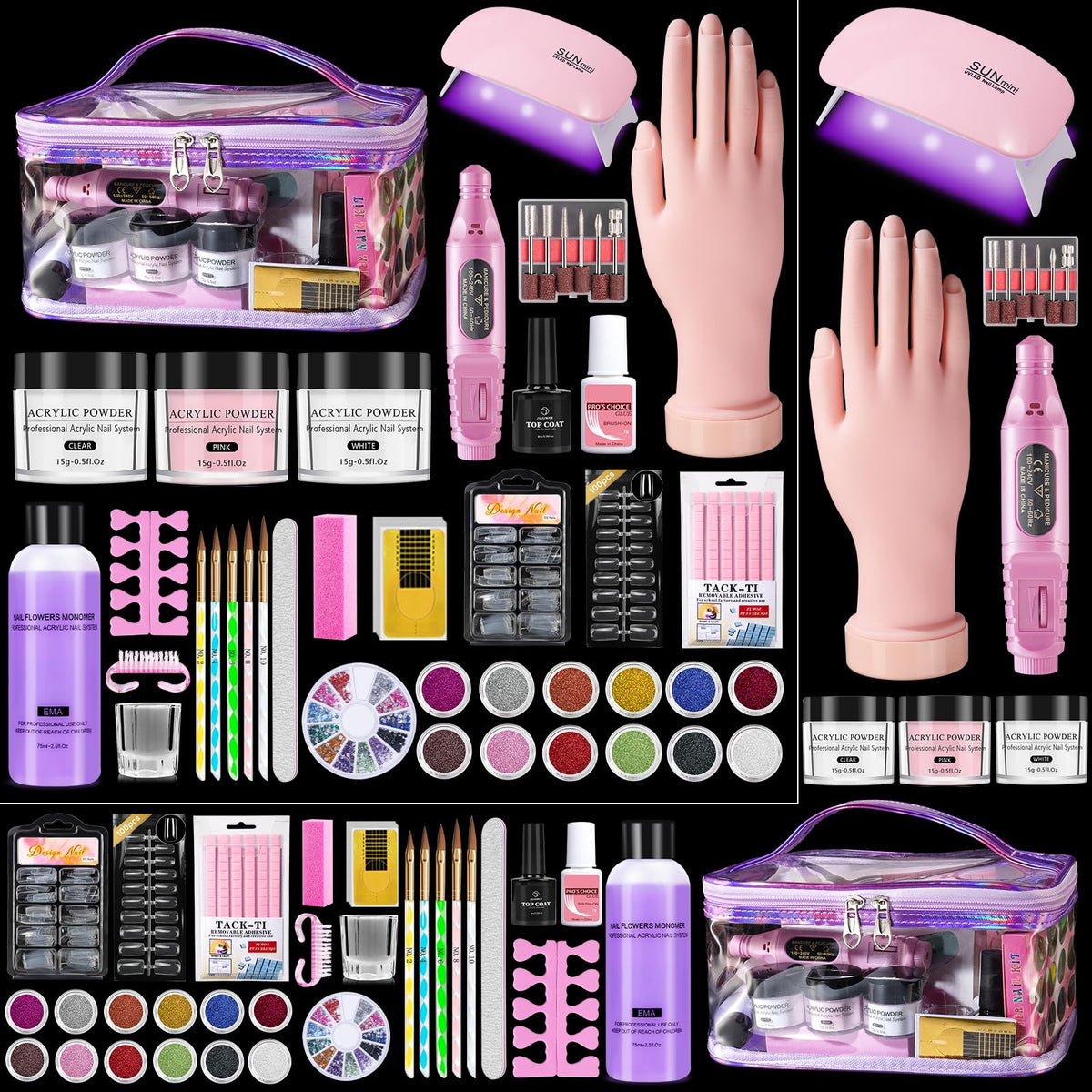 Nail Kit for Beginners with Acrylic Powder, Drill, Practice Hand and UV LED Lamp