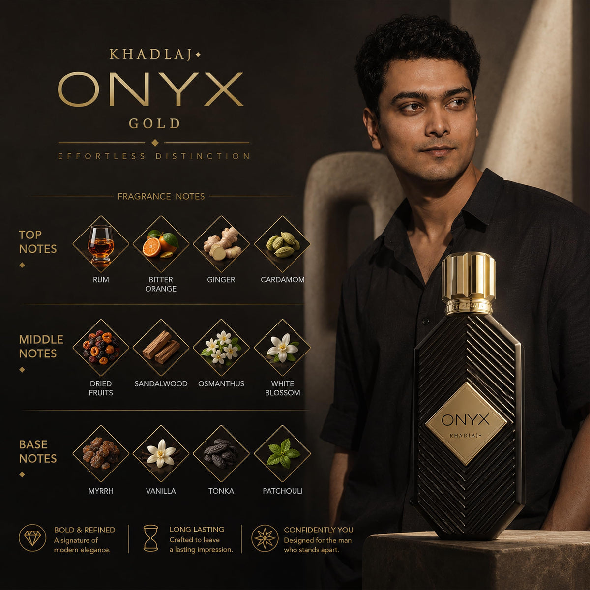 Khadlaj Onyx Gold Eau de Parfum Spray, Aromatic Unisex Fragrance