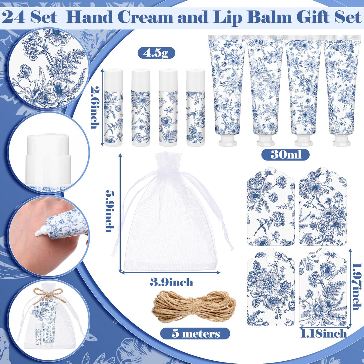 Loopeer Blue Floral Hand Cream and Lip Balm Gift Set, Travel Size Wedding Favors