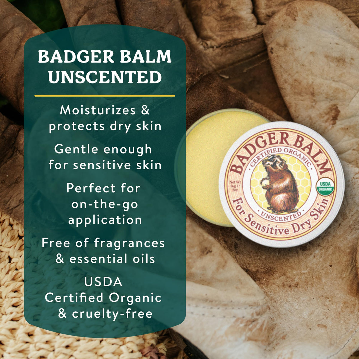 Badger Balm Unscented Organic Olive Oil & Beeswax Moisturizer, 2 oz Tin