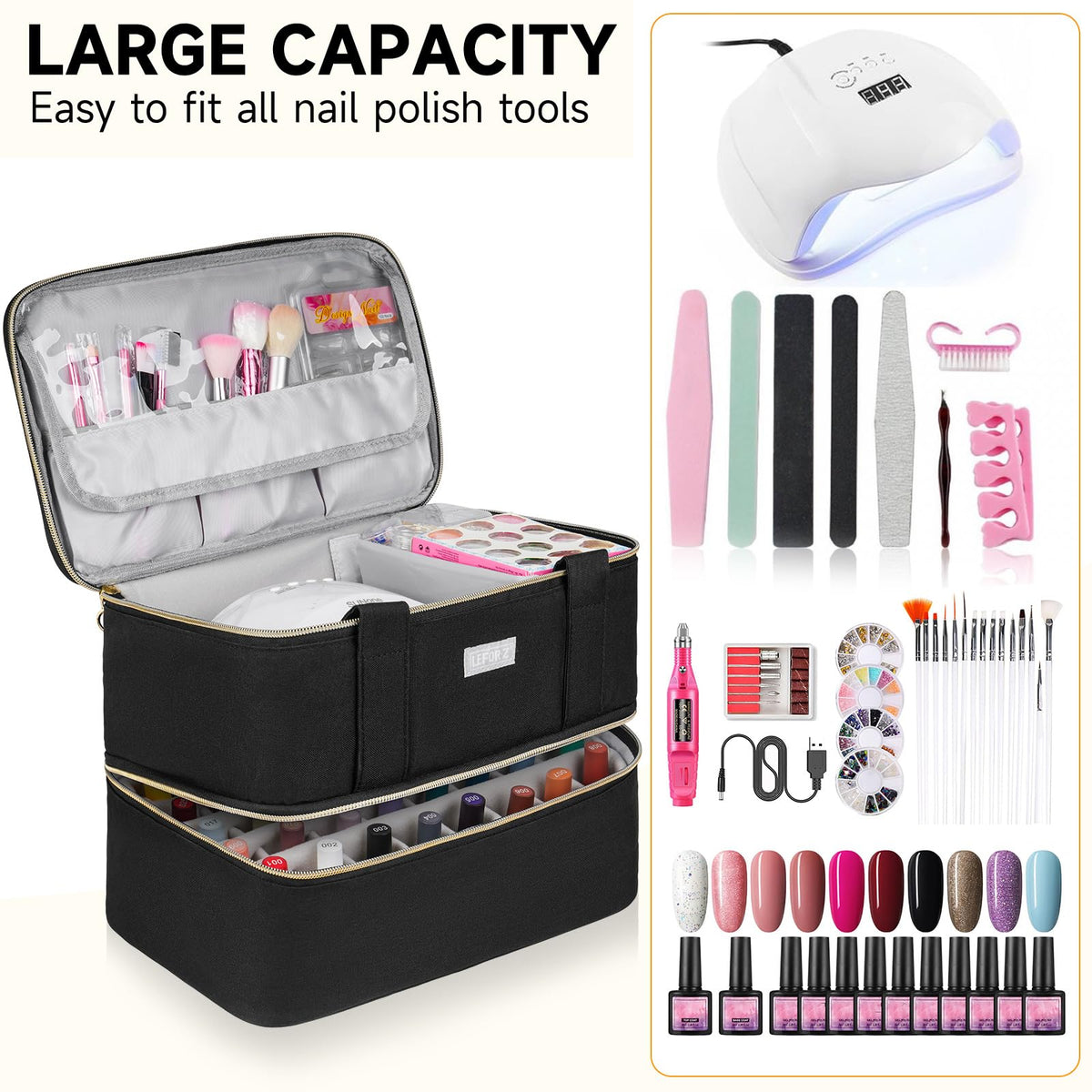 Nail Polish Organizer Bag for 40+ Bottles with Double-Layer Storage