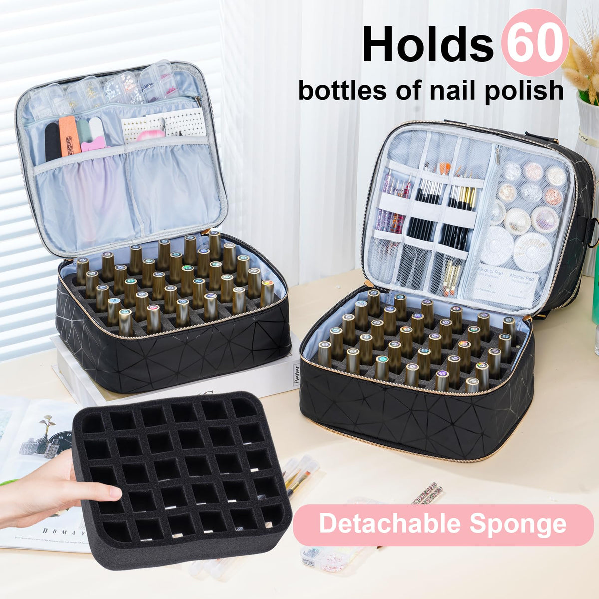 Uross Black Nail Polish Organizer Bag with Three-Layer Storage