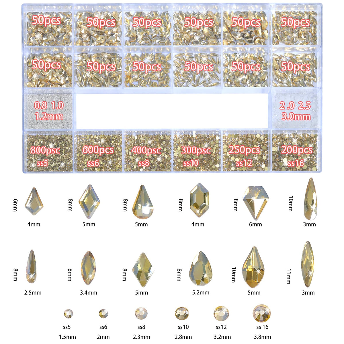 Champagne Gold Nail Rhinestones & 3D Nail Art Gems with Kit