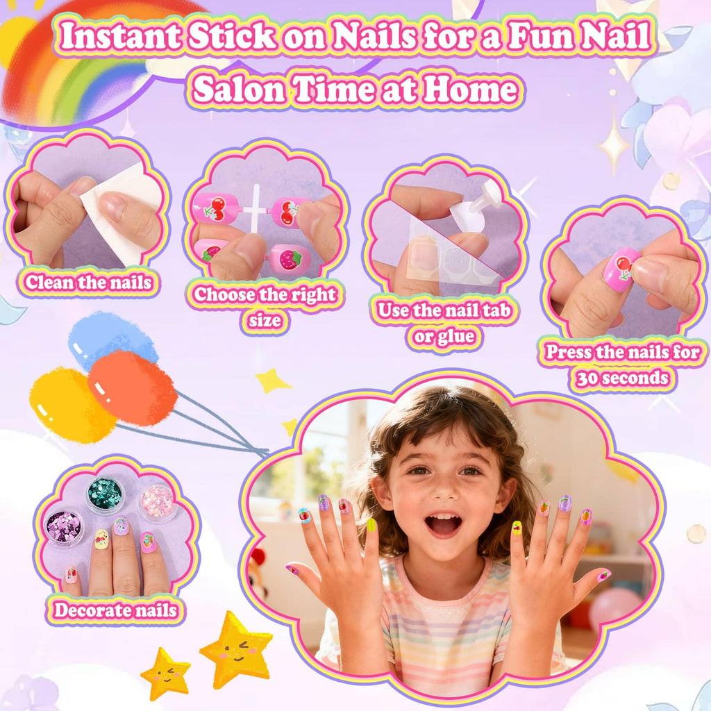 Pink Kids Press-On Nails and Nail Art Kit with Glue, Remover and Case