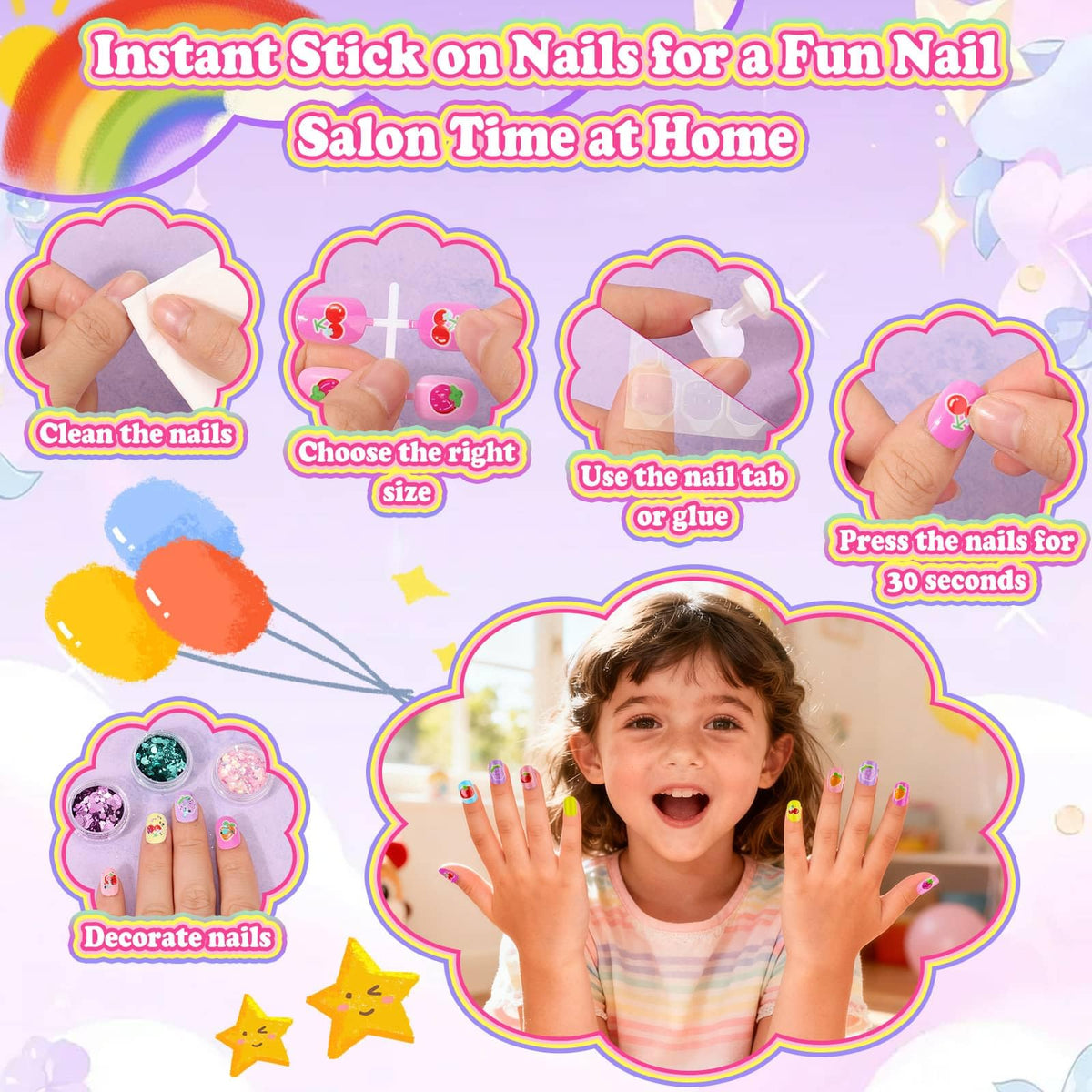 Pink Kids Press-On Nails and Nail Art Kit with Glue, Remover and Case
