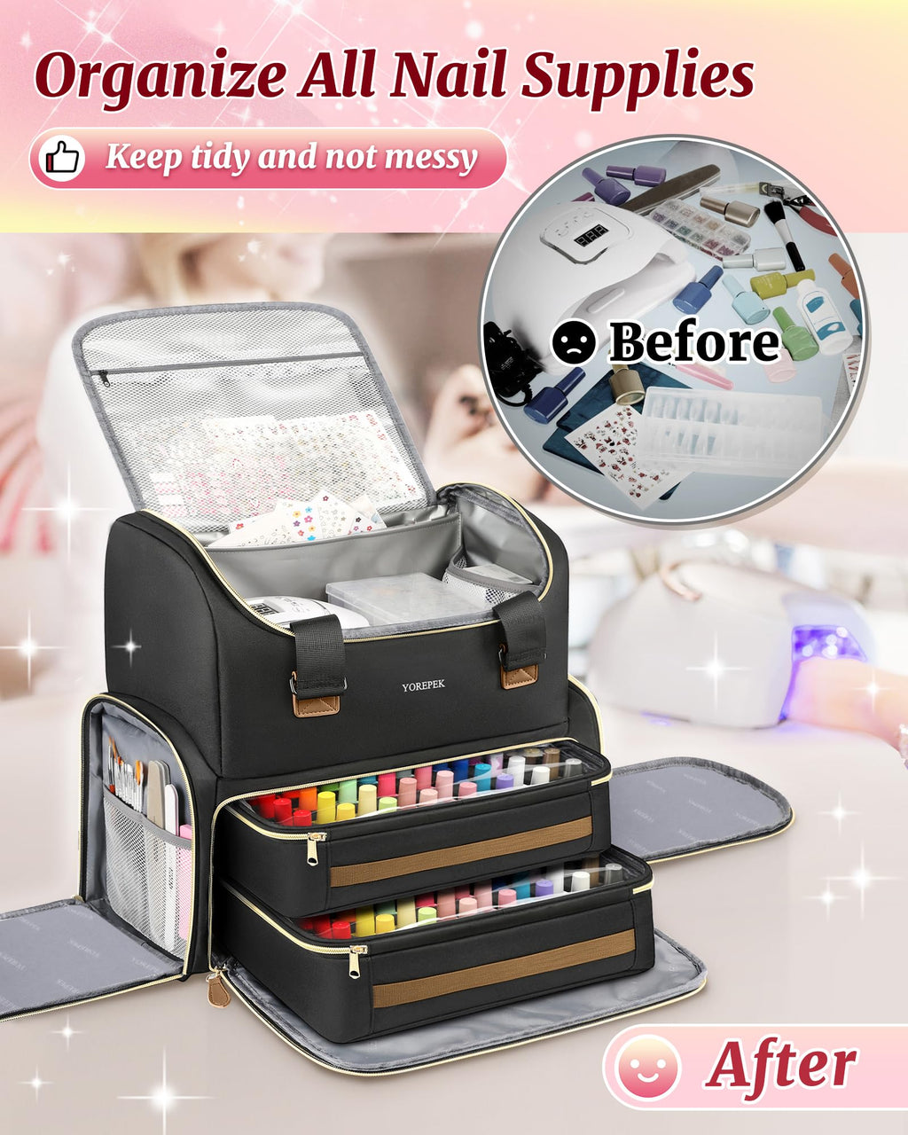 YOREPEK Large Nail Polish Organizer Backpack with Removable Pouches
