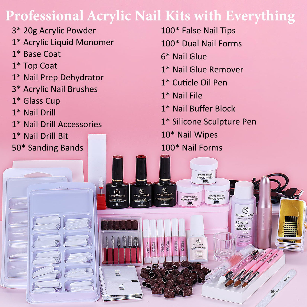 Sweet Trend Acrylic Nail Kit with Drill, Powders, Liquid and Nail Art Tools