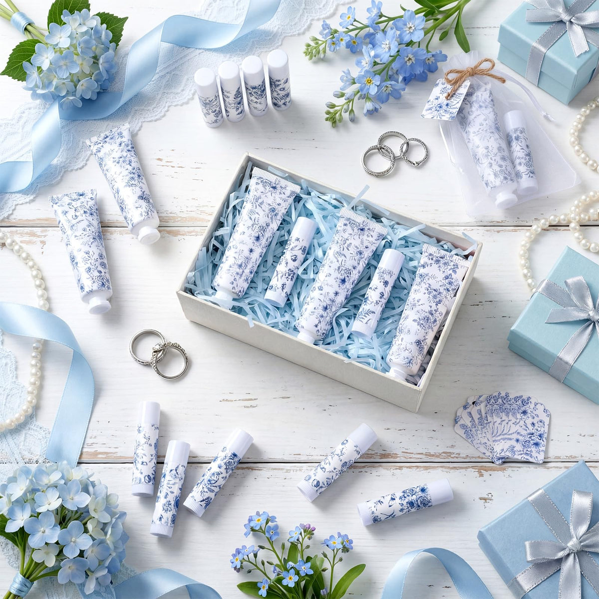 Loopeer Blue Floral Hand Cream and Lip Balm Gift Set, Travel Size Wedding Favors