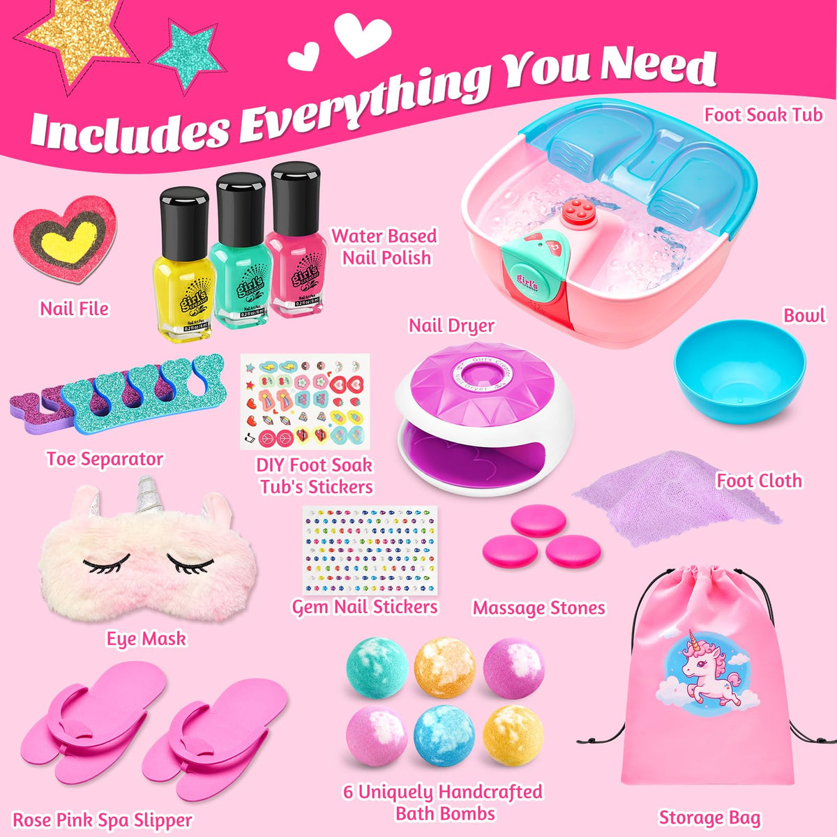 Kids Spa Day Kit with Foot Spa, Nail Dryer & Bath Bombs