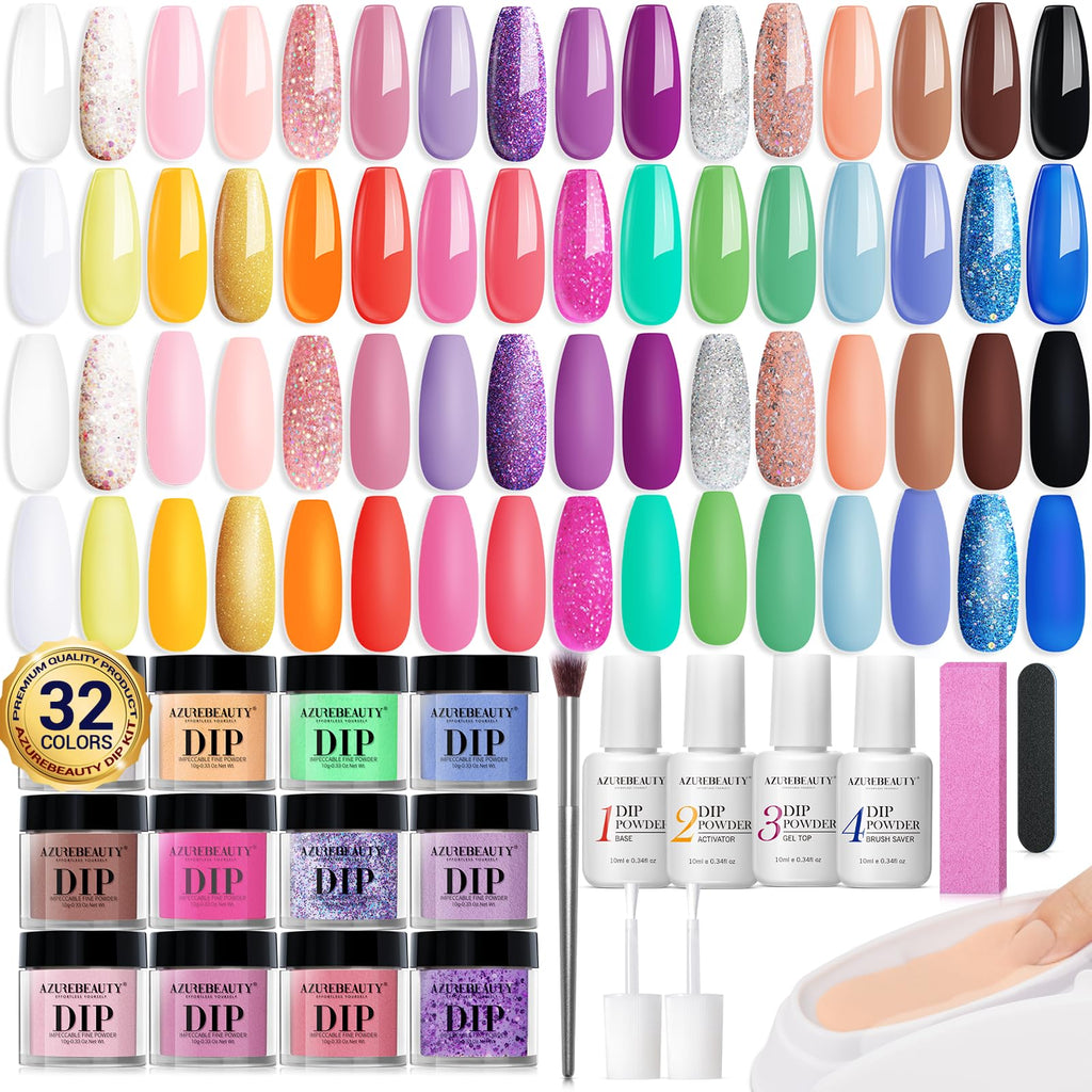 AZUREBEAUTY 42-Piece Dip Powder Nail Kit, 32 Colors with Base, Top Coat & Activator