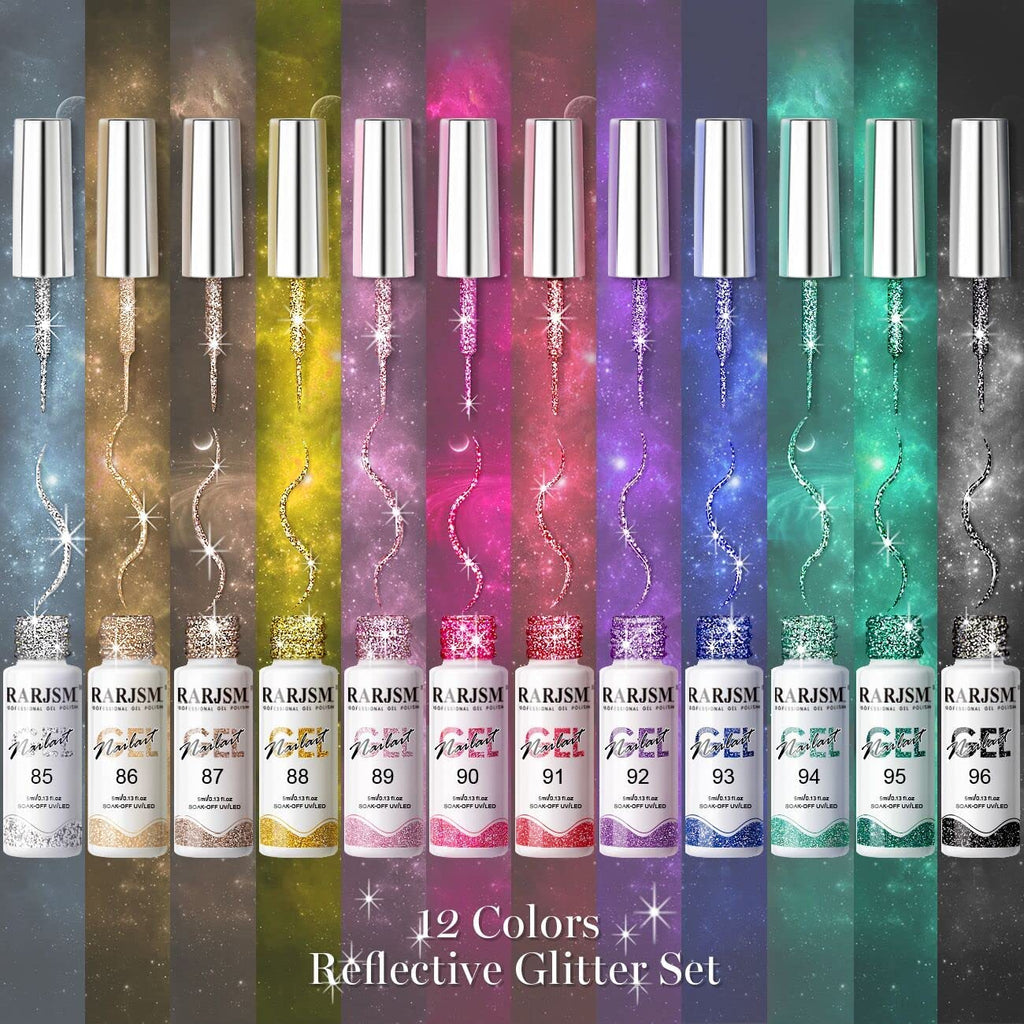 RARJSM Reflective Glitter Nail Art Gel Liner, 12 Colors, 5ml