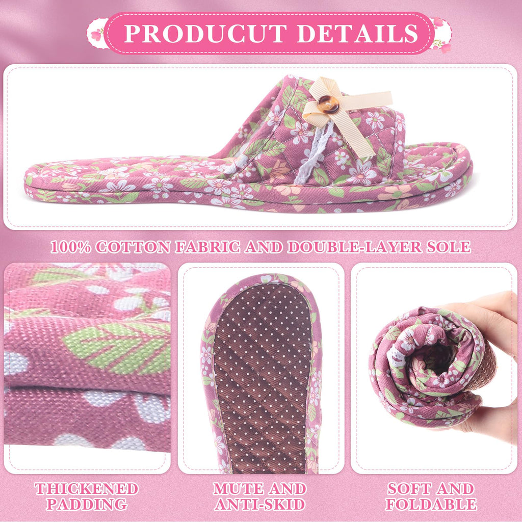 6 Pairs Floral Cotton Open Toe House Slippers for Women, Washable Travel Slippers