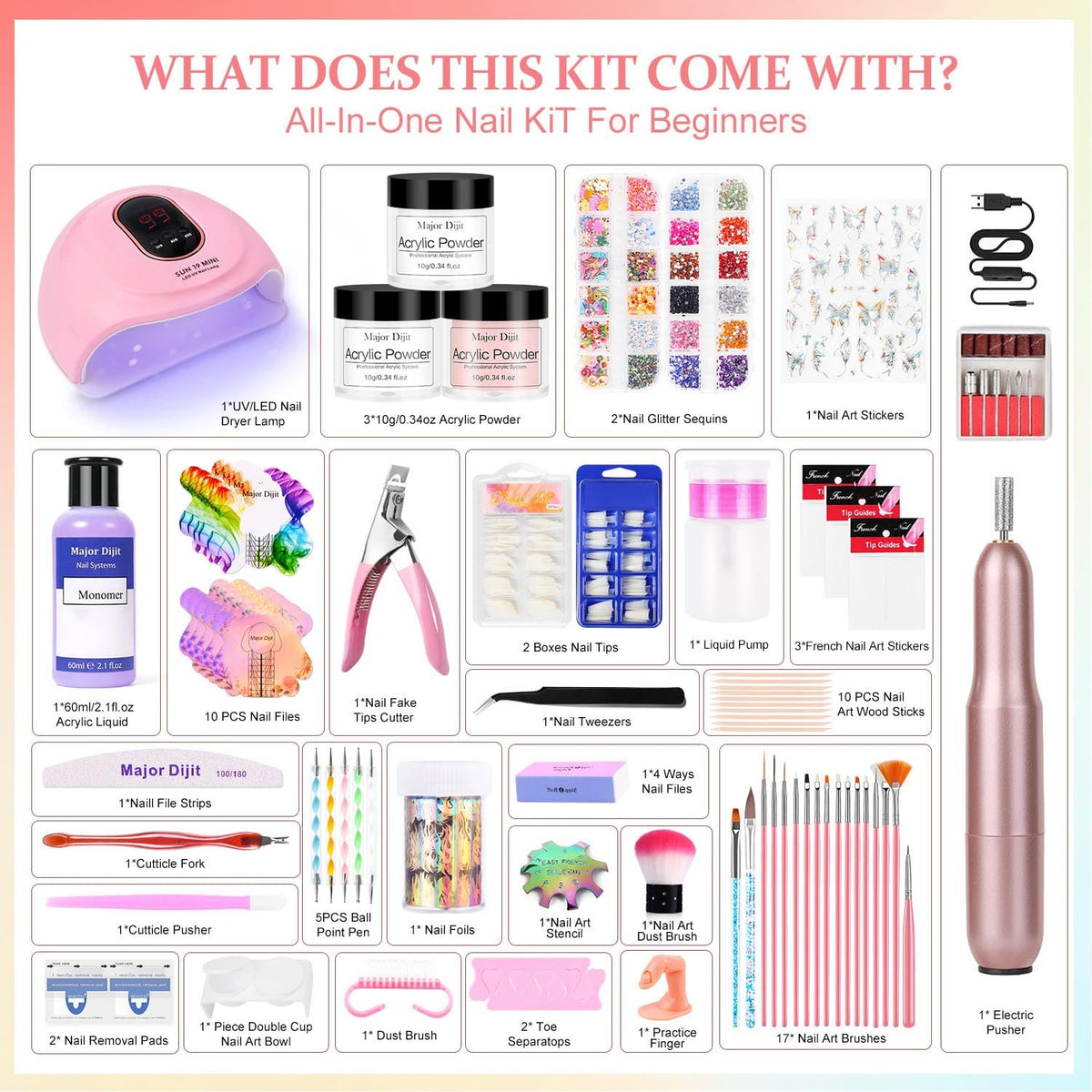 Acrylic Nail Kit Starter Set with Nail Drill, UV Lamp and Nail Art Tools