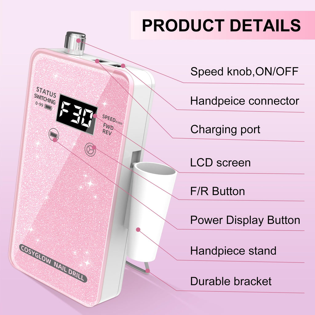 COSYGLOW Portable Cordless Electric Nail Drill Kit