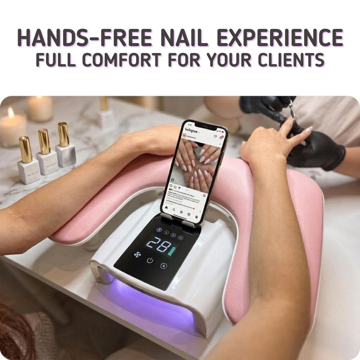 U-Shaped Nail Arm Rest with Adjustable 360° Phone Holder, Pink