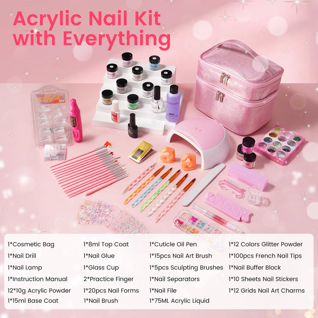 Acrylic Nail Kit for Beginners with Acrylic Powder, EMA Monomer, Drill & UV Lamp