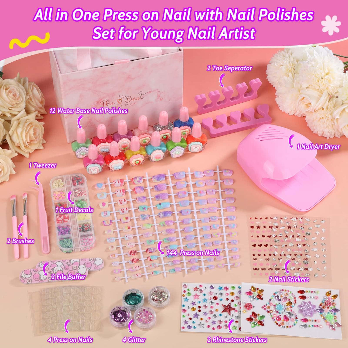 Kids Nail Art Kit with Press-On Nails, Polish, Dryer and Stickers