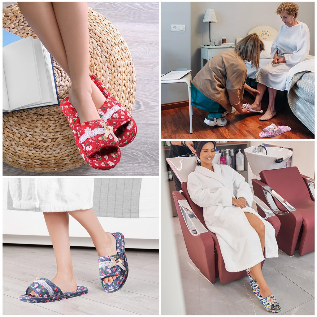 6 Pairs Floral Cotton Open Toe House Slippers for Women, Washable Travel Slippers