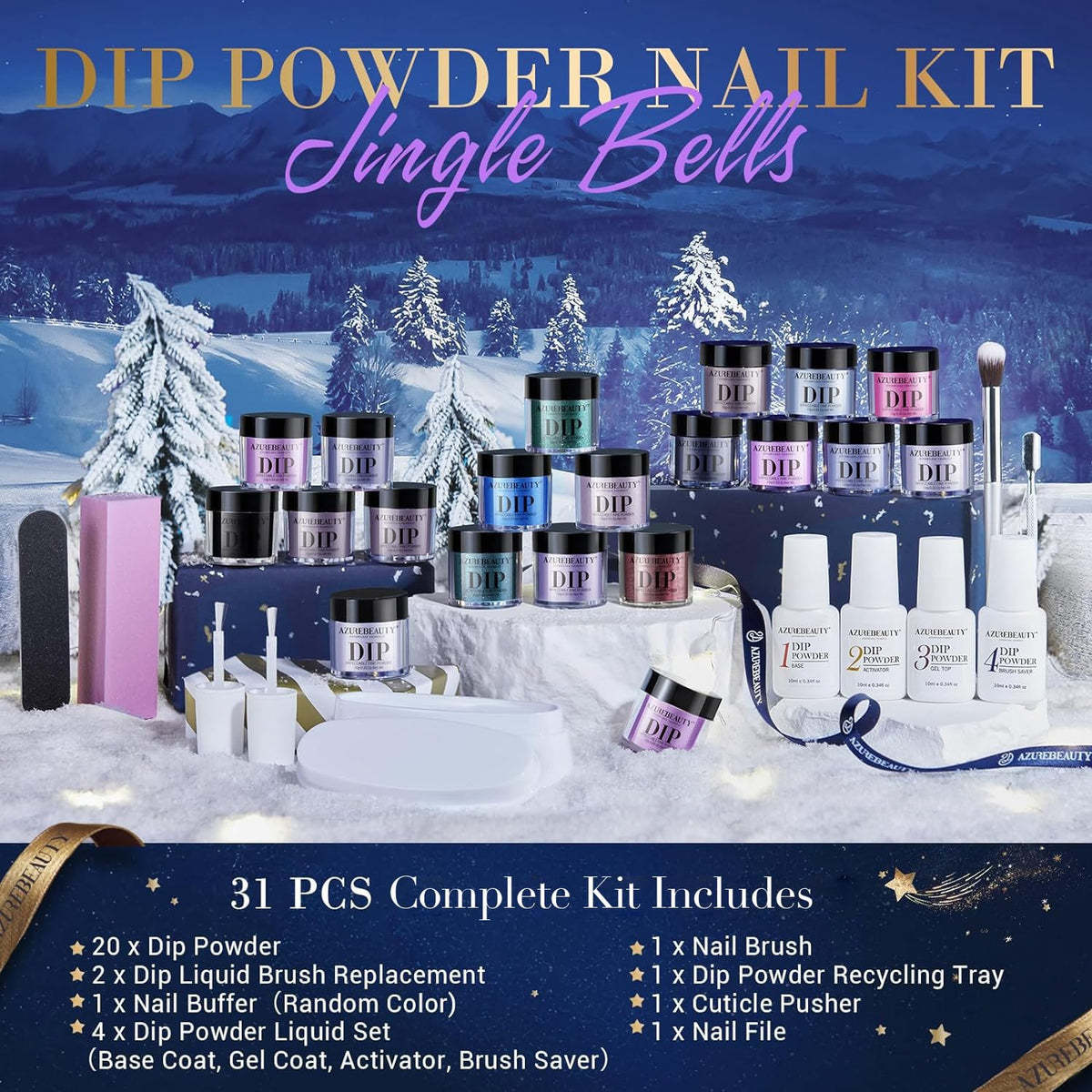 AzureBeauty Dip Powder Nail Kit Starter Set with Base, Top Coat and Activator