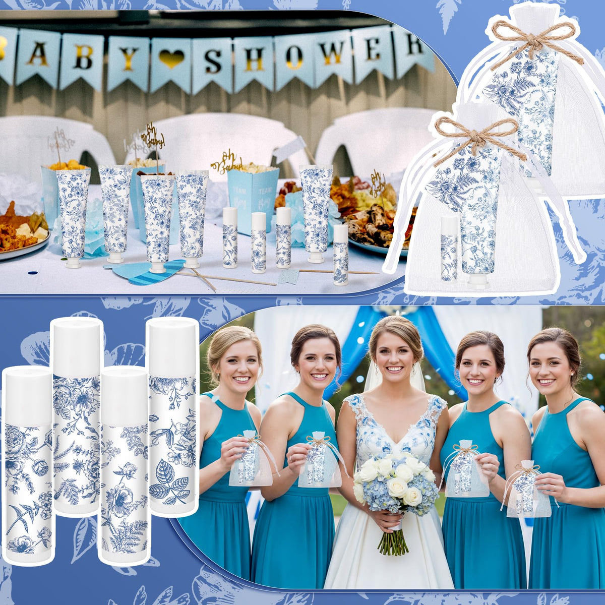 Loopeer Blue Floral Hand Cream and Lip Balm Gift Set, Travel Size Wedding Favors