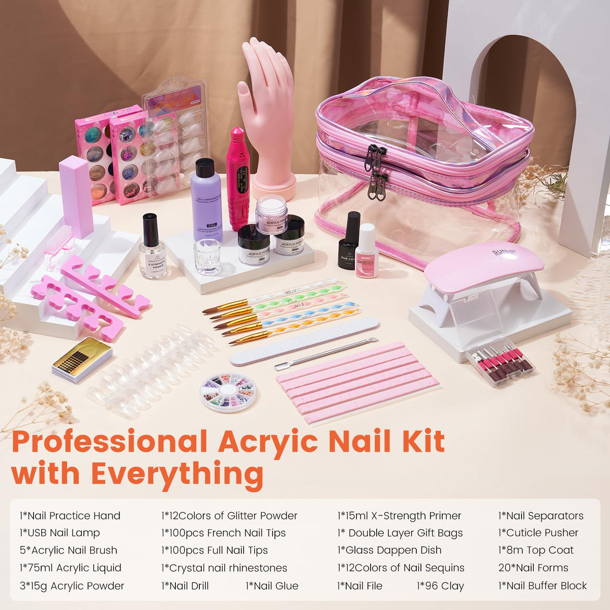 Complete Acrylic Nail Starter Kit for Beginners with Practice Hand and Drill