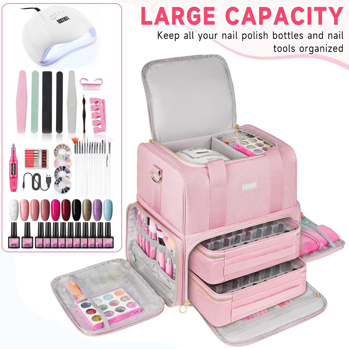 Nail Polish Organizer Bag with Removable Cases and Lamp Storage