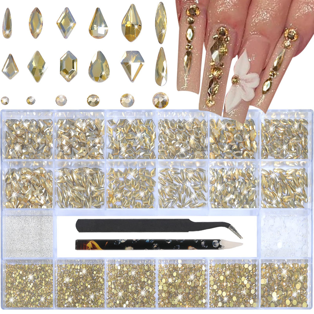 Champagne Gold Nail Rhinestones & 3D Nail Art Gems with Kit