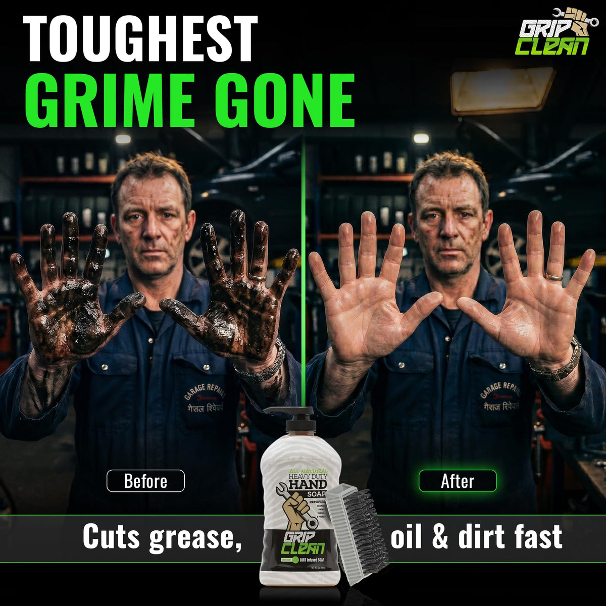 Grip Clean Heavy-Duty Mechanic Hand Cleaner with Nail Brush, Lime Scent