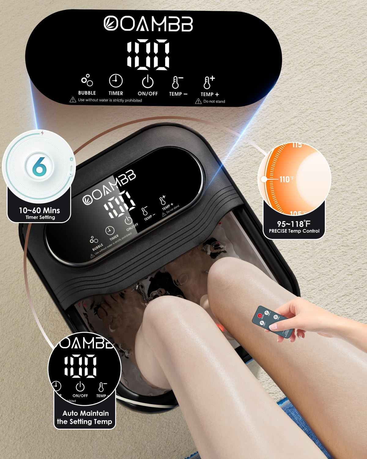 OOAMBB Collapsible Foot Spa with Heat, Bubbles, Massage Rollers and Touch Screen