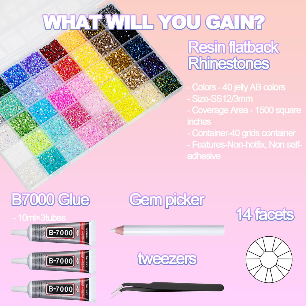 3mm Multicolor Resin Jelly Rhinestone Bedazzling Kit with Jewelry Glue