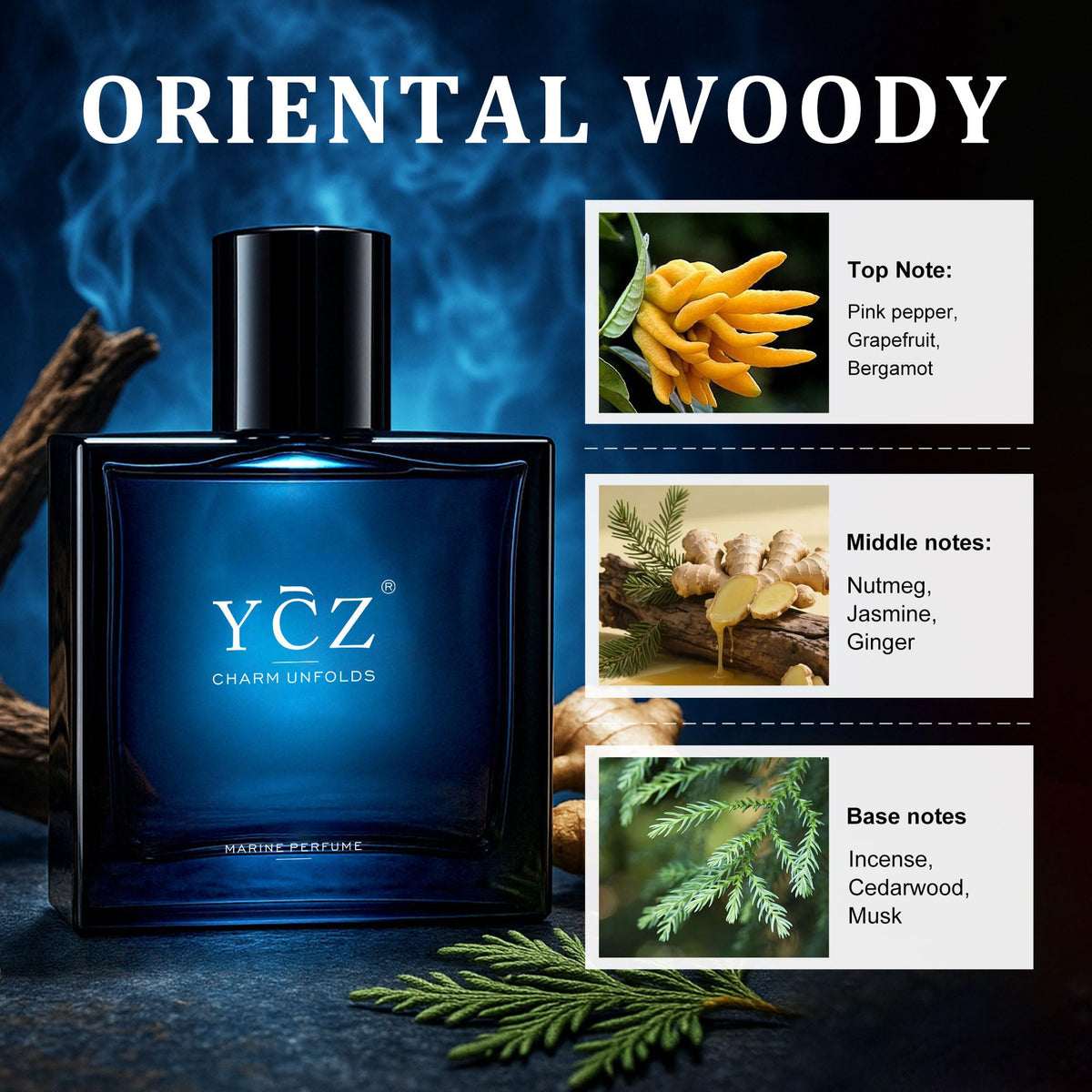Ycz Midnight Marine Eau de Parfum for Men, 3.4 Fl Oz Fresh Marine Woody Cologne