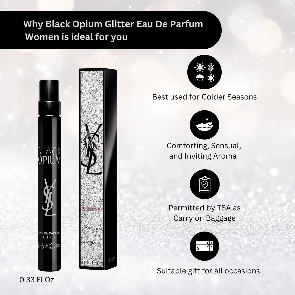 Yves Saint Laurent Black Opium Glitter Eau de Parfum for Women, 0.33 Fl Oz