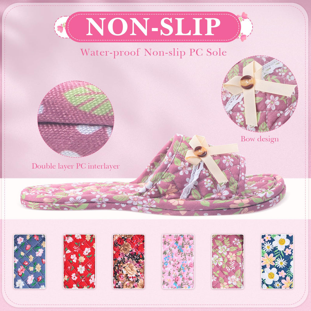 6 Pairs Floral Cotton Open Toe House Slippers for Women, Washable Travel Slippers