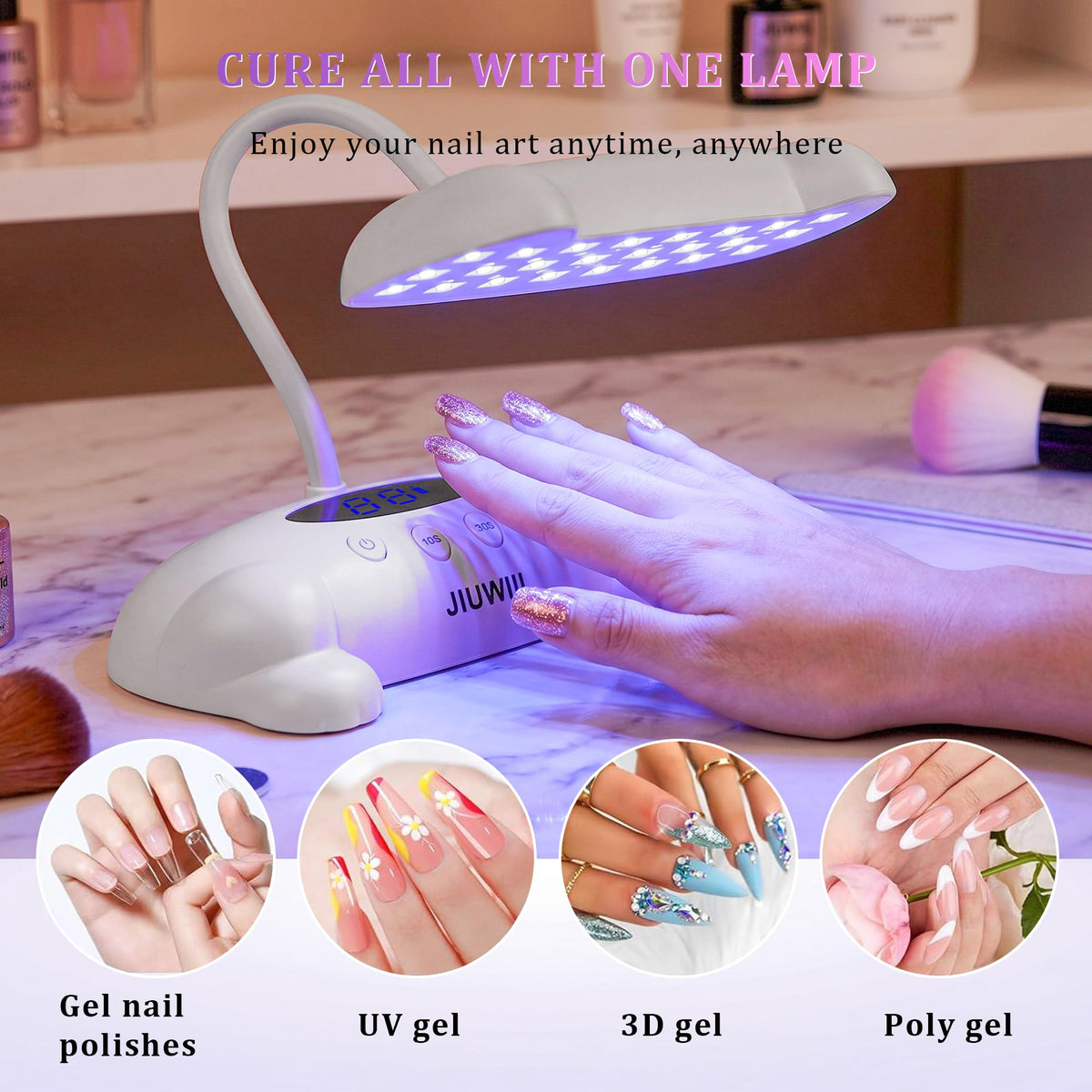 JIUWIIL 48W UV LED Nail Lamp with 24 Beads and Flexible Gooseneck