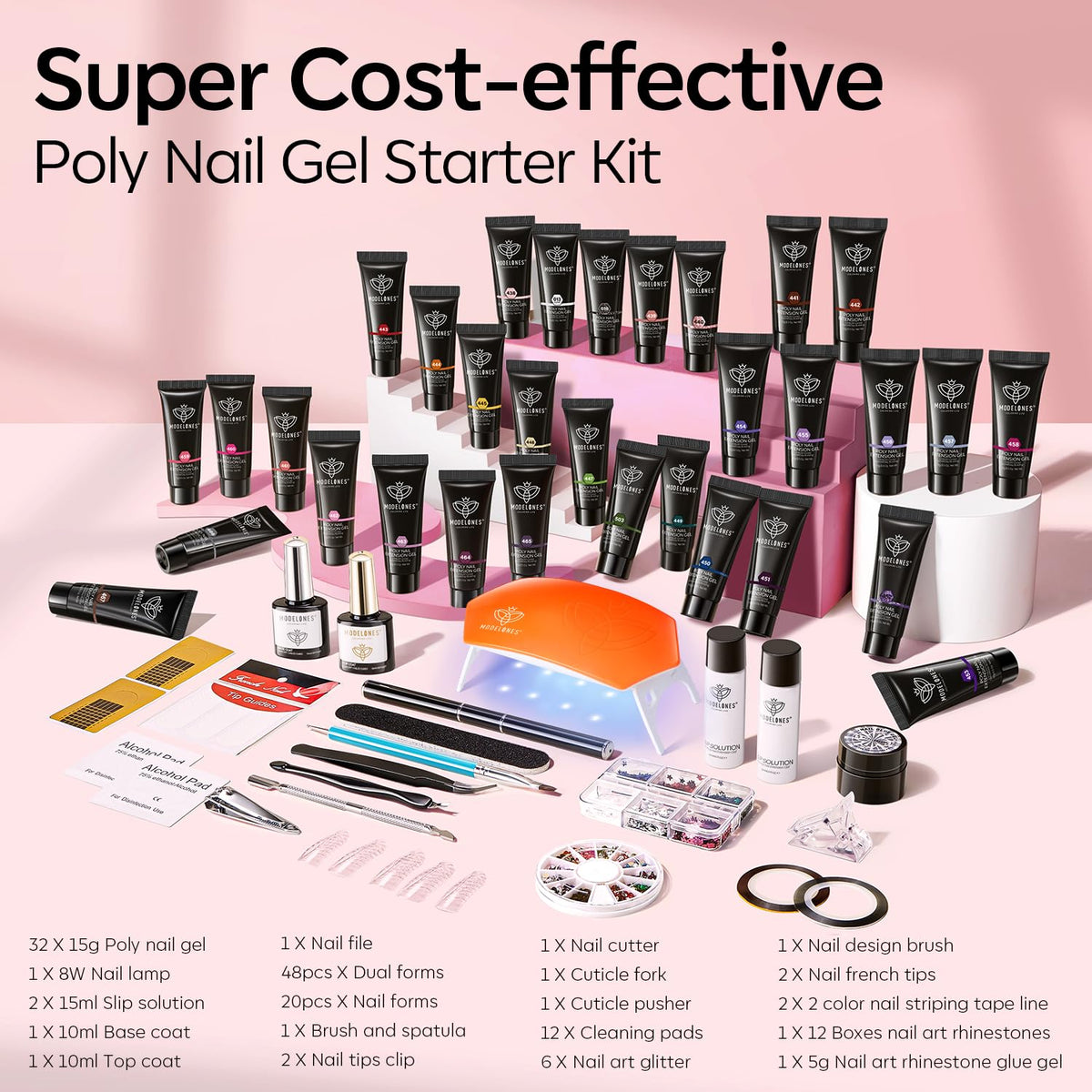 Modelones 133pcs Poly Nail Gel Kit with 32 Colors, Lamp and Nail Art Tools